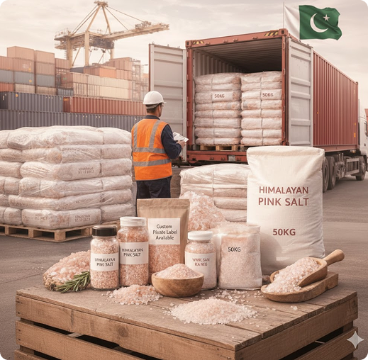 Himalayan Pink Salt export — worker loading containers with salt bags